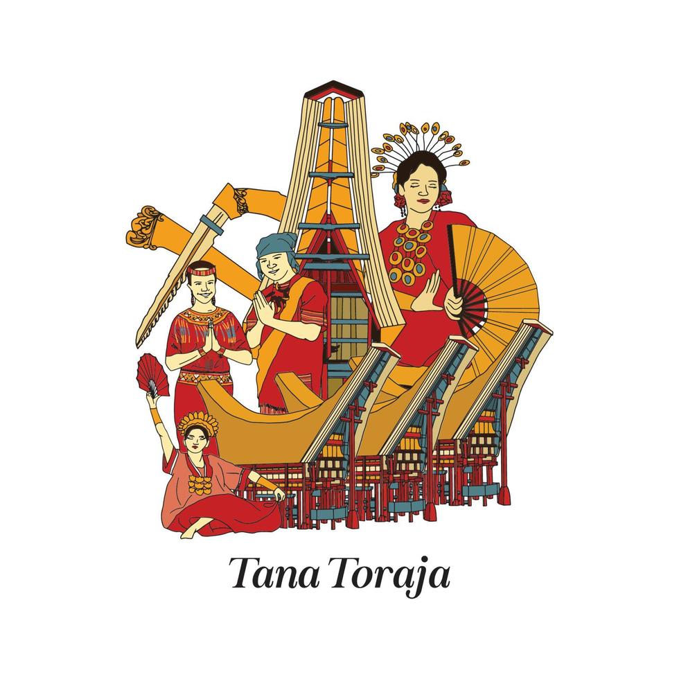 Set Torajan South Sulawesi Illustration. Hand drawn Indonesian cultures background vector