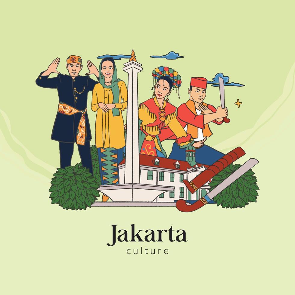 Set Jakarta Illustration. Hand drawn Indonesian cultures background vector