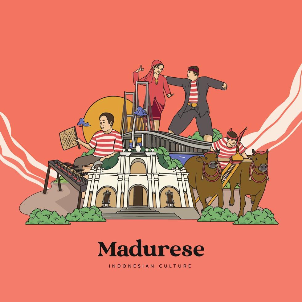 establecer madura ilustración. fondo de culturas indonesias dibujadas a mano vector