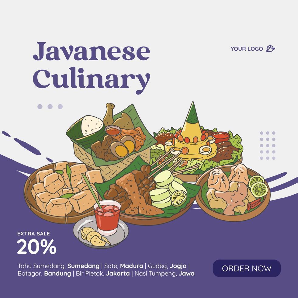 Javanese cuisine hand drawn illustration vector. Indonesian food set collection for social media post template vector