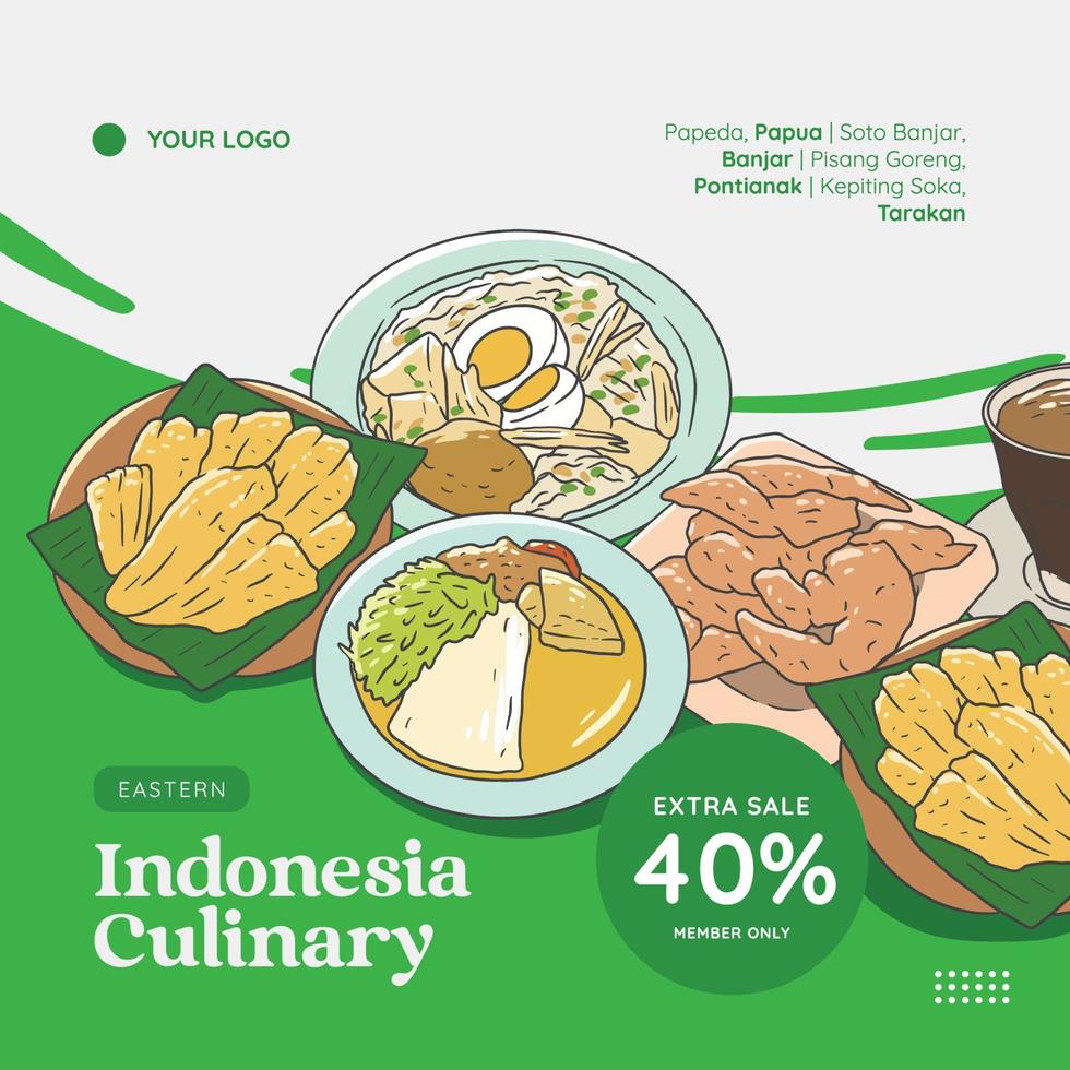 Eastern indonesia cuisine hand drawn illustration vector. Indonesian food set collection for social media post template vector