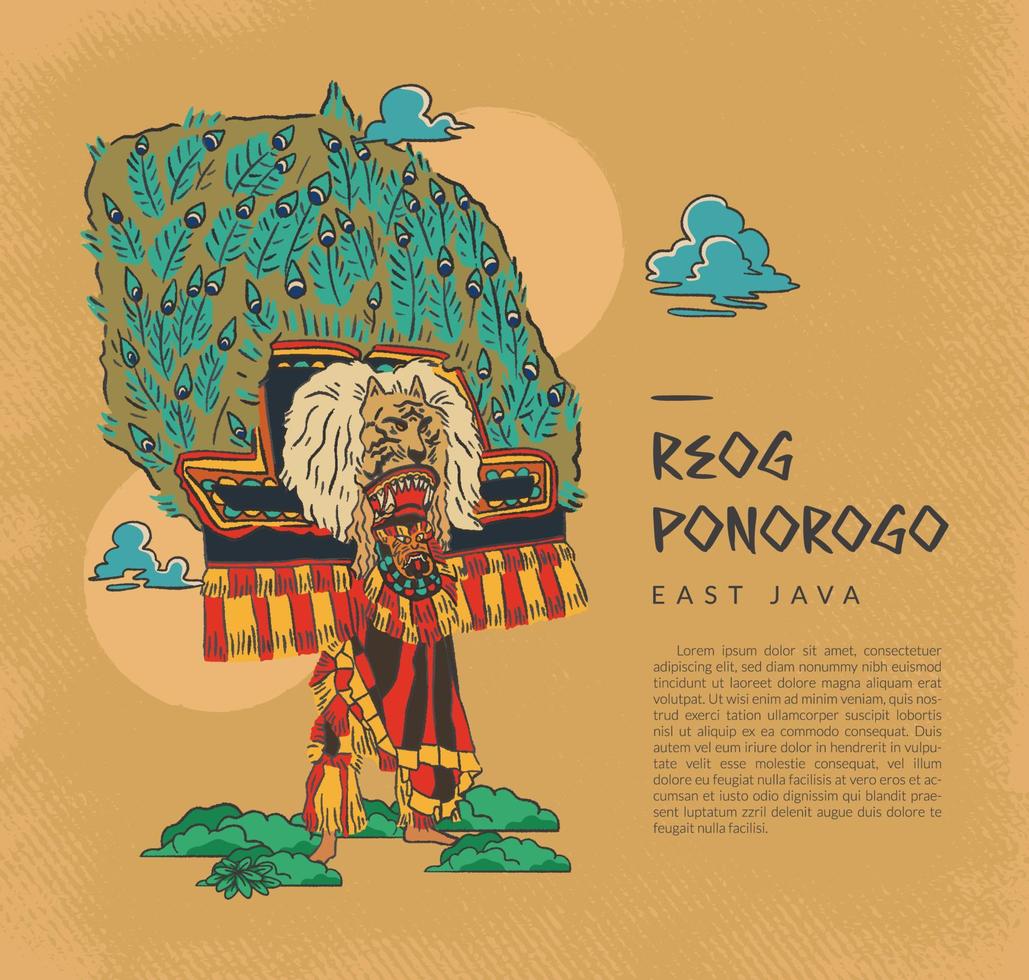 Reog dance illustration. Hand drawn famous dance culture from ponorogo regency. vector