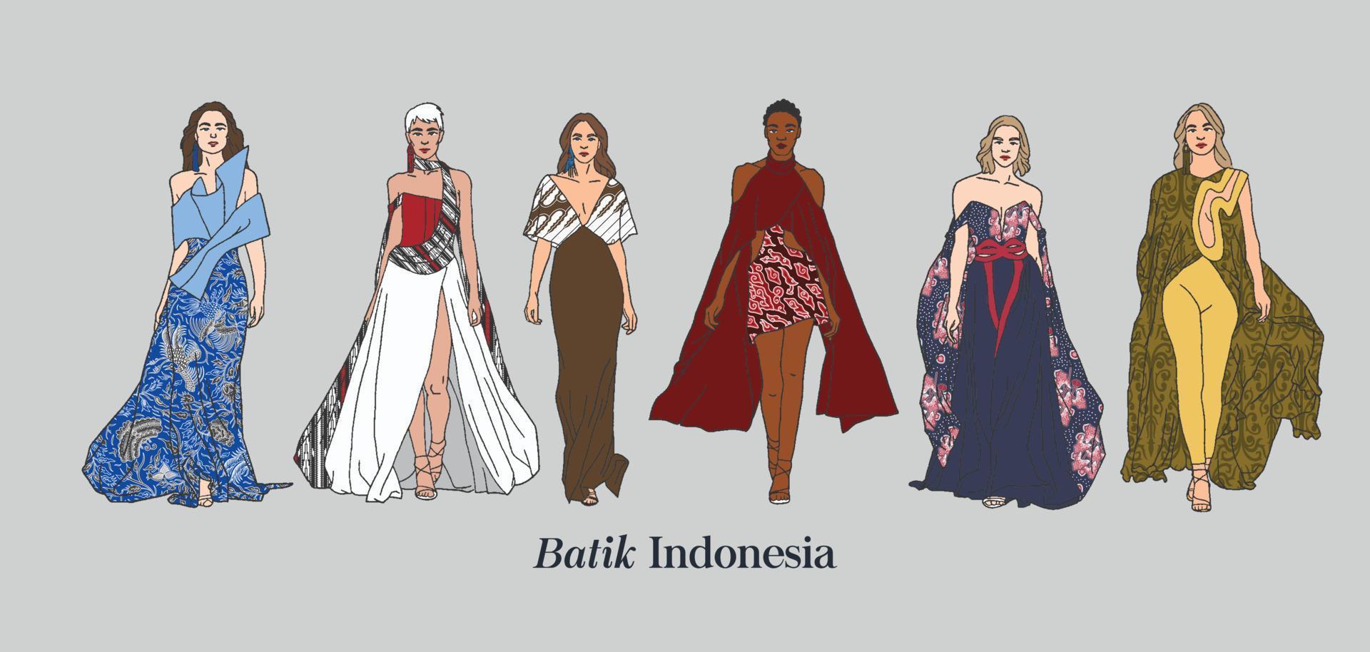 ilustración de vector dibujado a mano de desfile de moda de mujer aislada. modelos vestidos con traje de batik