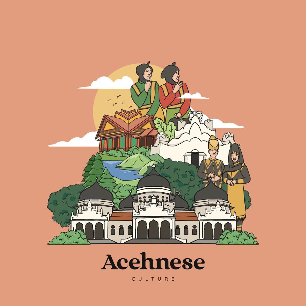 Set Aceh Illustration. Hand drawn Indonesian cultures background vector