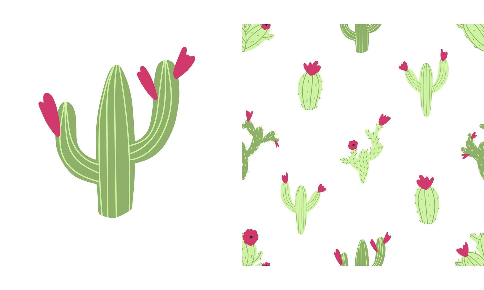 Cactus seamless pattern on white background. Nursery childish illustration in cartoon hand drawn style with colorful cacti and flowers vector