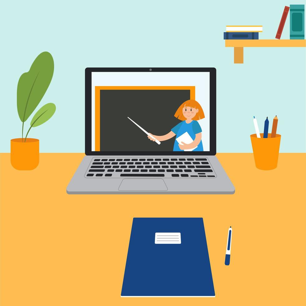 Online education concept, webinar presentation, teacher near the blackboard with a pointer in the laptop on the table with plant, books, pens, pencils vector