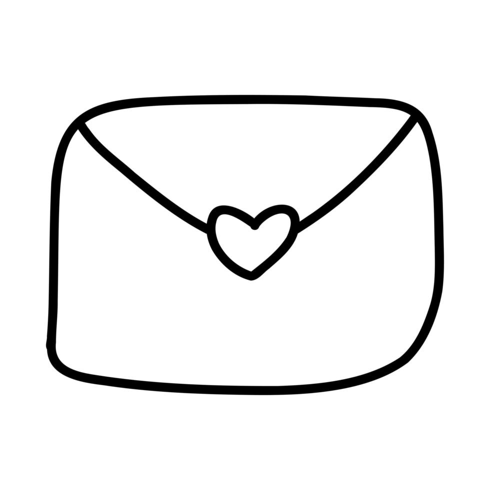 Hand drawn doodle icon with love letter and heart for Valentine s day. linear black outline vector illustration on white background