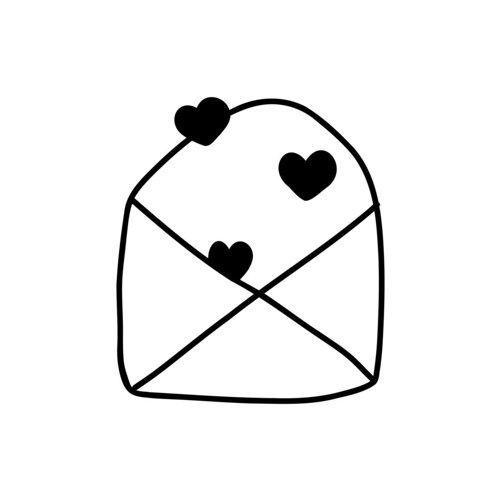 Hand drawn doodle icon with love letter and heart for Valentine s day. linear black outline vector illustration on white background
