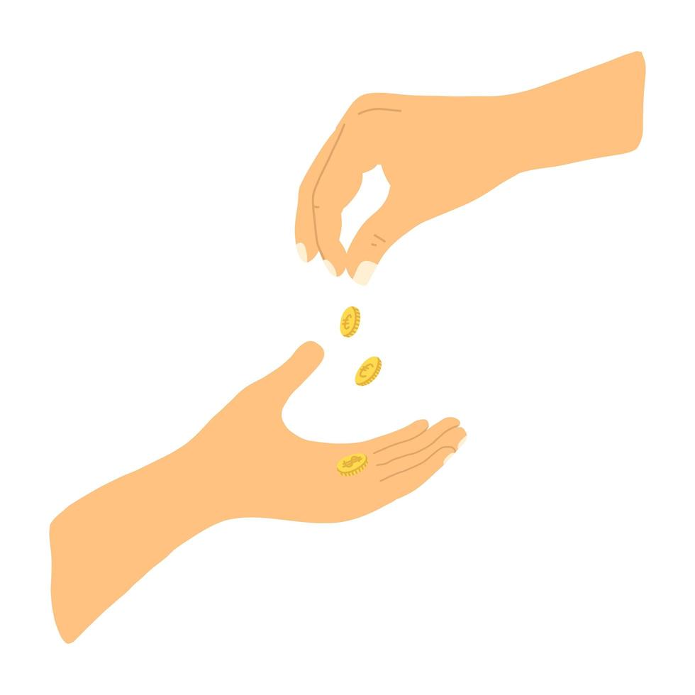 Vector illustration with hands giving and receiving money in cartoon hand drawn flat style. Two hands with coins isolated on white background