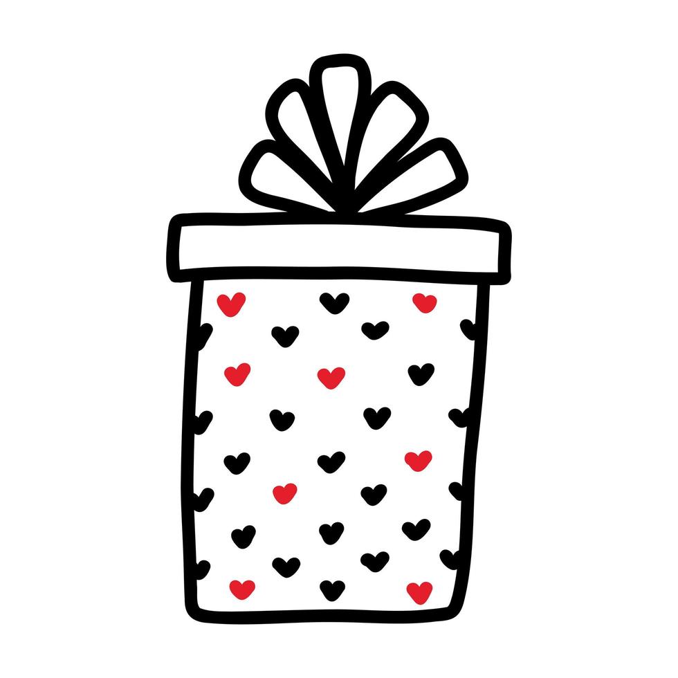 Hand drawn doodle gift boxe with hearts and ribbons. Vector illustration.