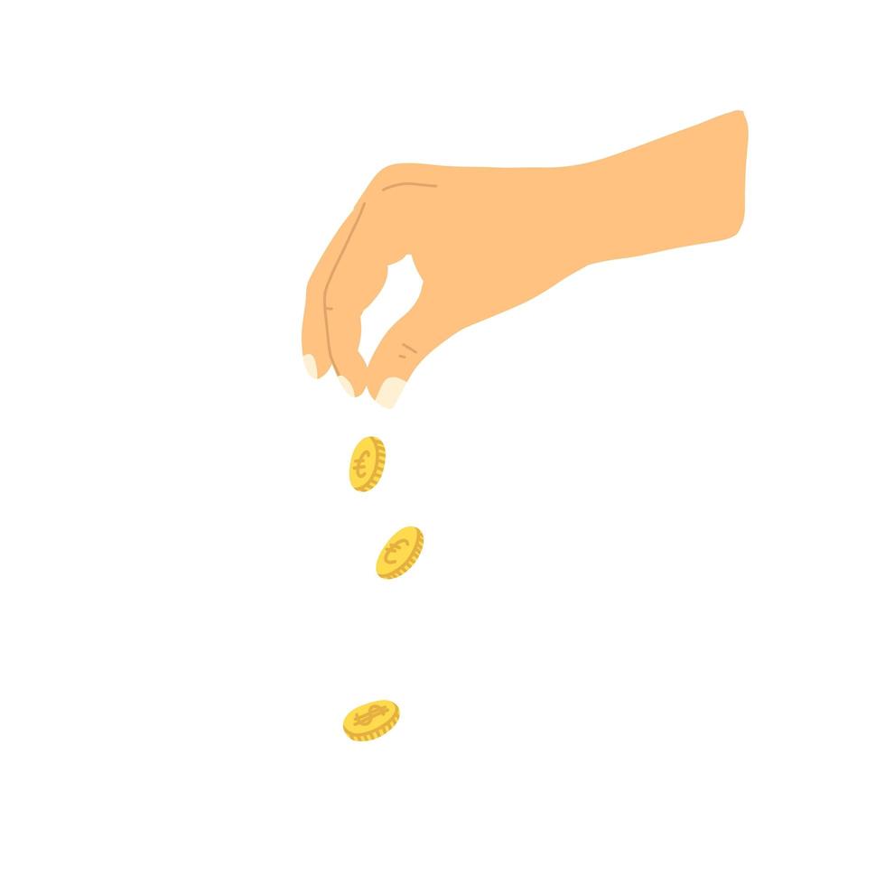 Vector illustration with hand giving money in cartoon hand drawn flat style. Hand with falling coins isolated on white background