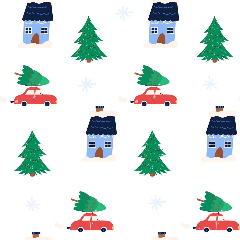 Minimalist nordic seamless pattern with winter house, tree and car - flat vector illustration on white background. Simple scandinavian Christmas wrapping paper.