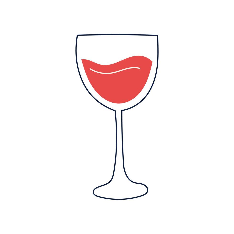 Red wine glass with linear element in simple style, flat vector illustration isolated on white background. Hand drawn glass with alcoholic beverage.