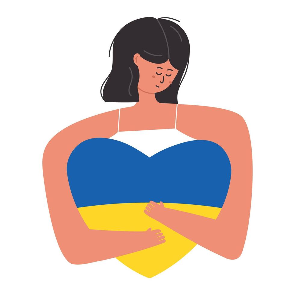 Sad woman hugging Ukrainian flag in shape of heart, flat vector illustration isolated on white background. Female character praying for peace during war time. Support and hope for Ukraine.