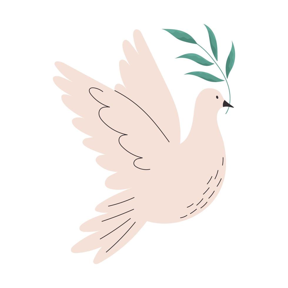 Flying dove with branch as symbol of world peace and freedom, flat vector illustration isolated on white background. Pigeon bird holding green plant.