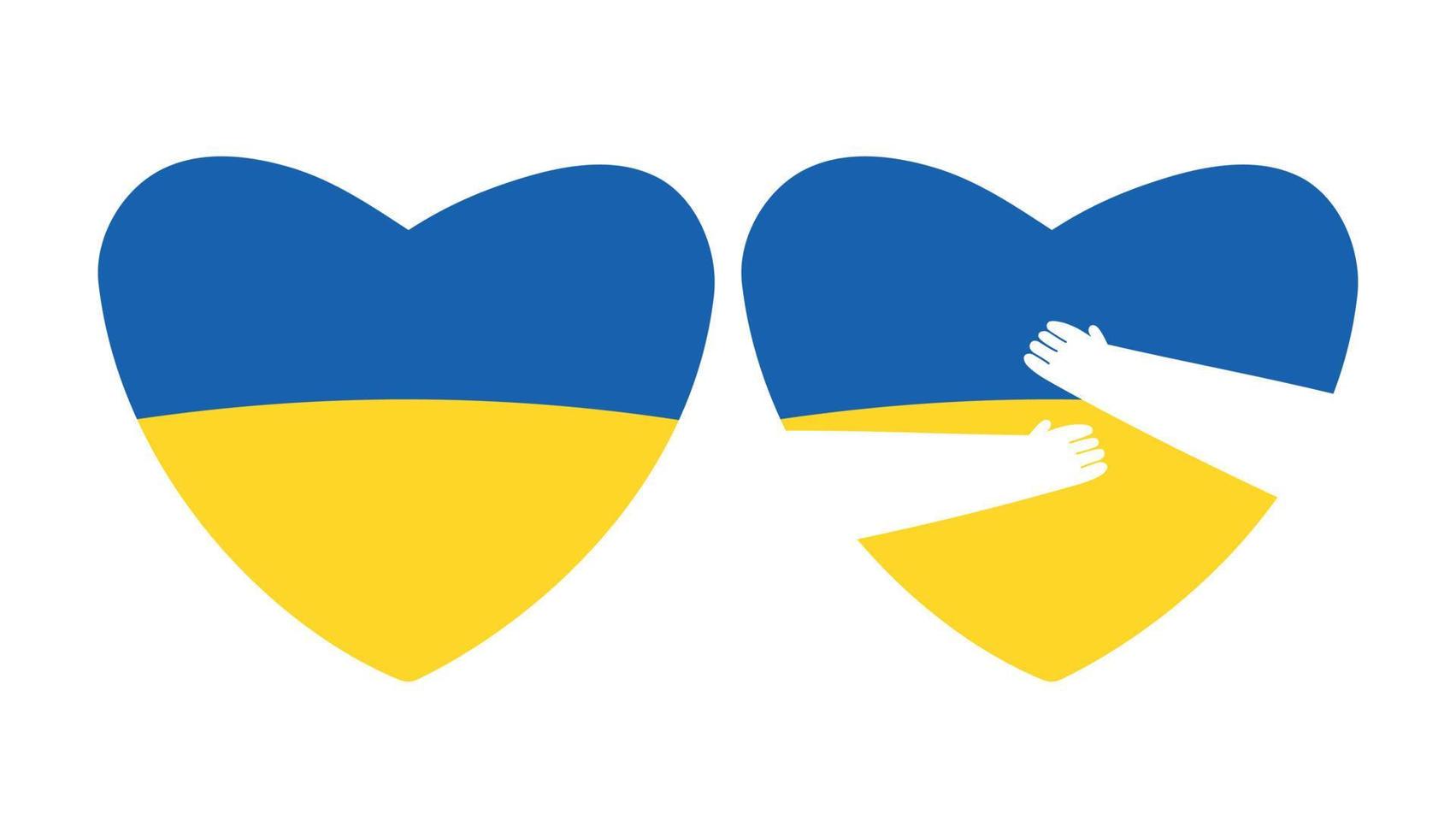 Set of hearts with Ukrainian flag and hugging hands, flat vector illustration isolated on white background. Russia and Ukraine war, Sticker with concept of support and pray.