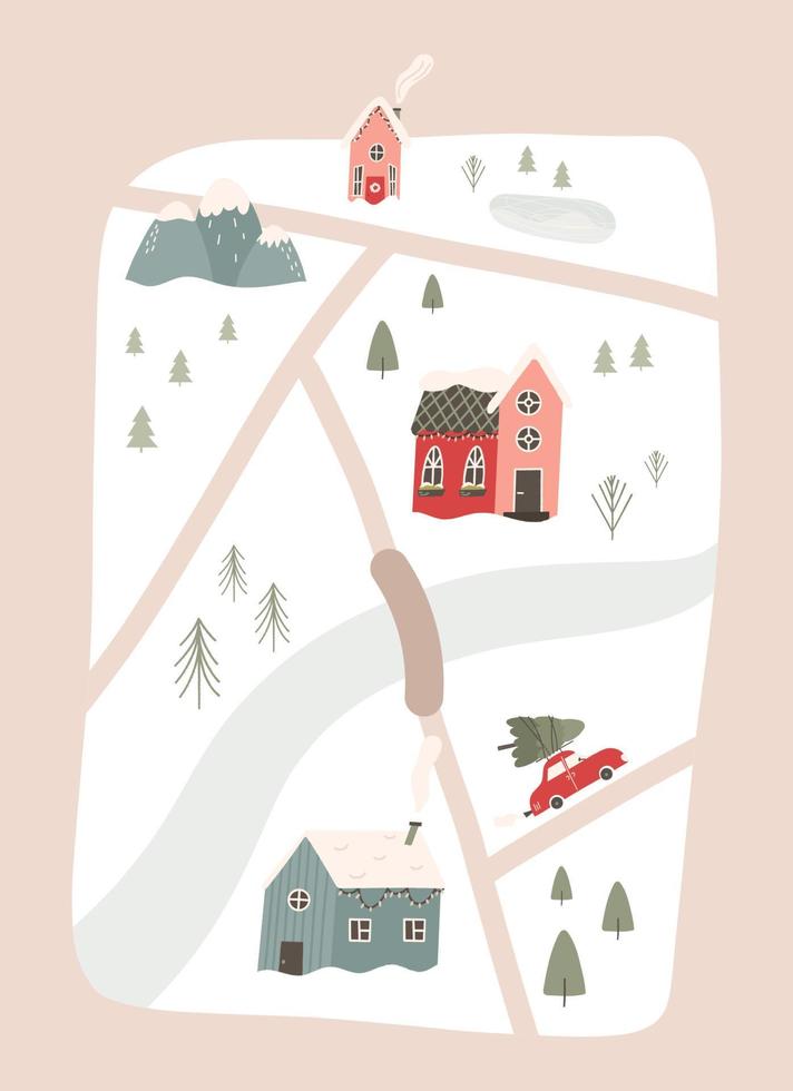 Winter snowy map with roads, river, car, houses and trees with mountain - flat vector illustration. Christmas celebration greeting card.