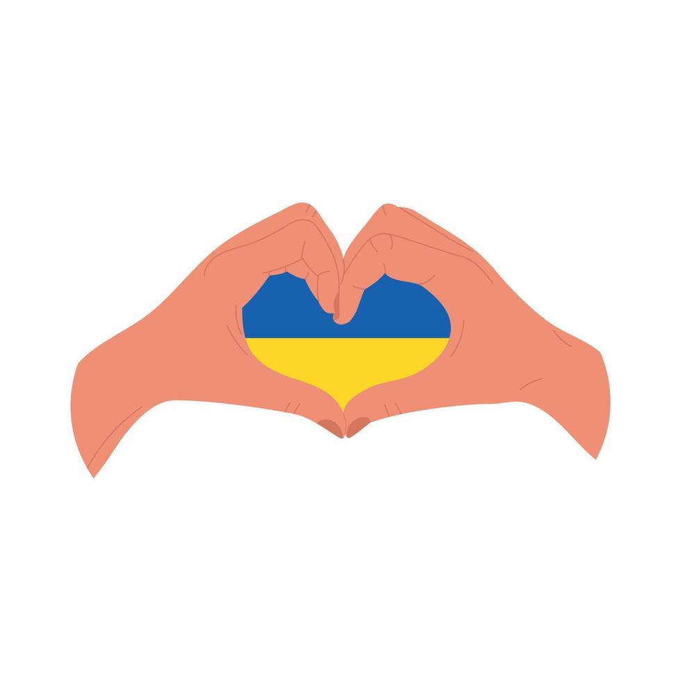 Human hands in shape of heart with Ukrainian flag, flat vector illustration isolated on white background. Sign of love, peace and support of Ukraine during war with Russia.