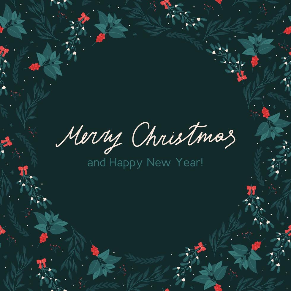 Christmas greeting card with copy space for text and floral seamless pattern - flat vector illustration. Elegant poster for social media.