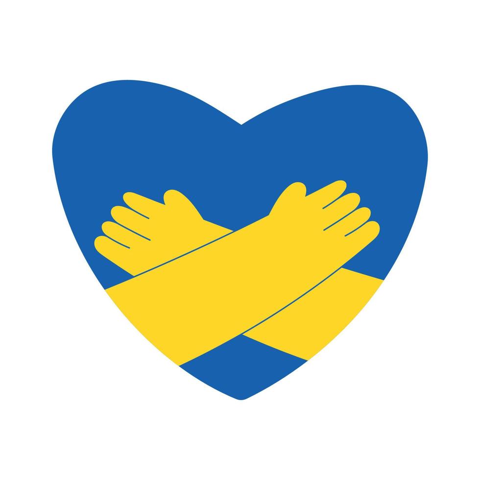 Sticker with hands hugging heart in colors of Ukrainian flag, flat vector illustration isolated on white background. Humanitarian support and pray for Ukrainian. Blue and yellow icon.