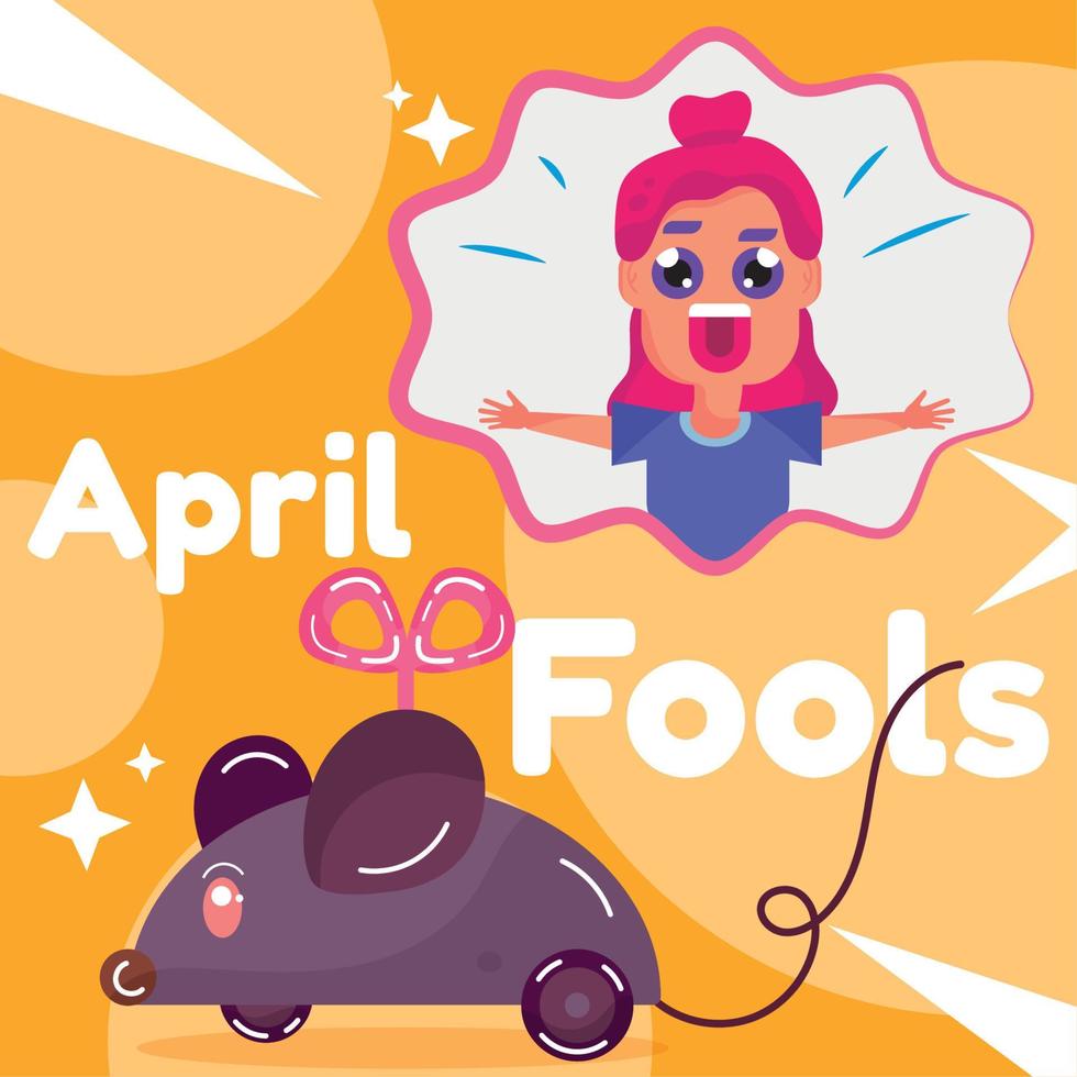 Happy girl and a mouse trap toy April fool template Vector