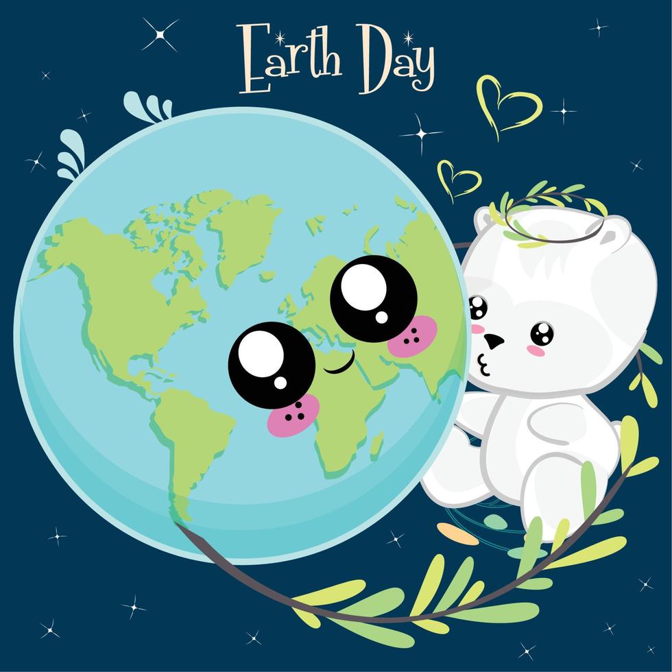 Earth day kawaii illustration. Happy planet earth cartoon with a teddy - Vector
