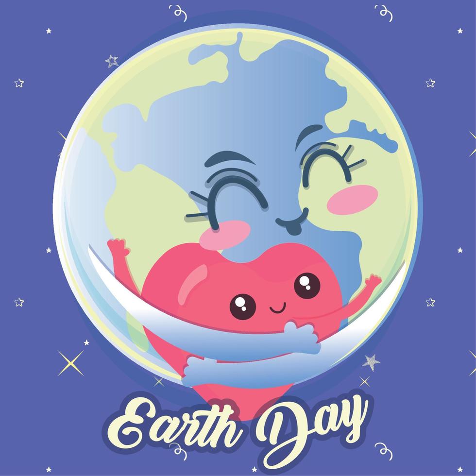 Earth day kawaii illustration. Happy planet earth cartoon with a heart - Vector