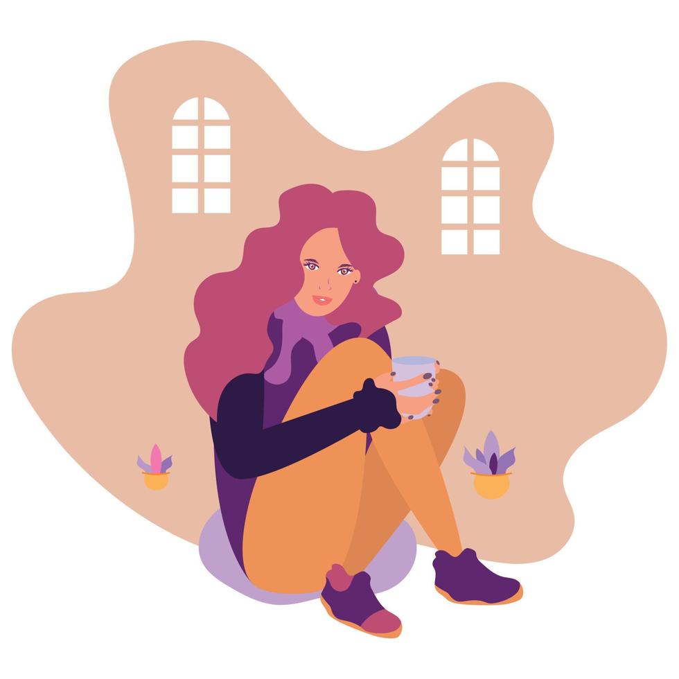 Happy woman having a cup of coffee Hygge concept Vector