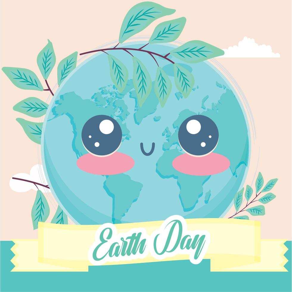 Earth day kawaii illustration. Happy planet earth cartoon with leaves - Vector