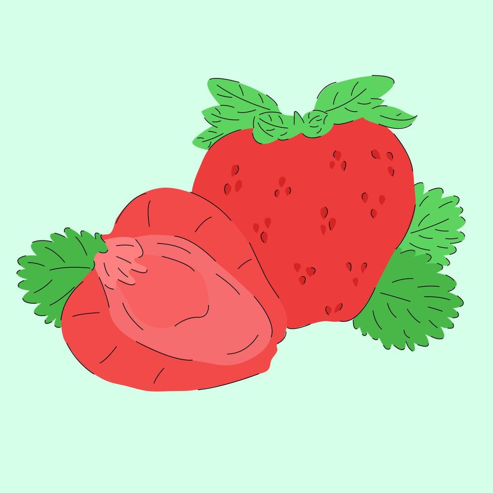Strawberries and leaves. Piece of strawberries. A whole strawberry and a piece next to it. Vector illustration of a berry in a flat cartoon style