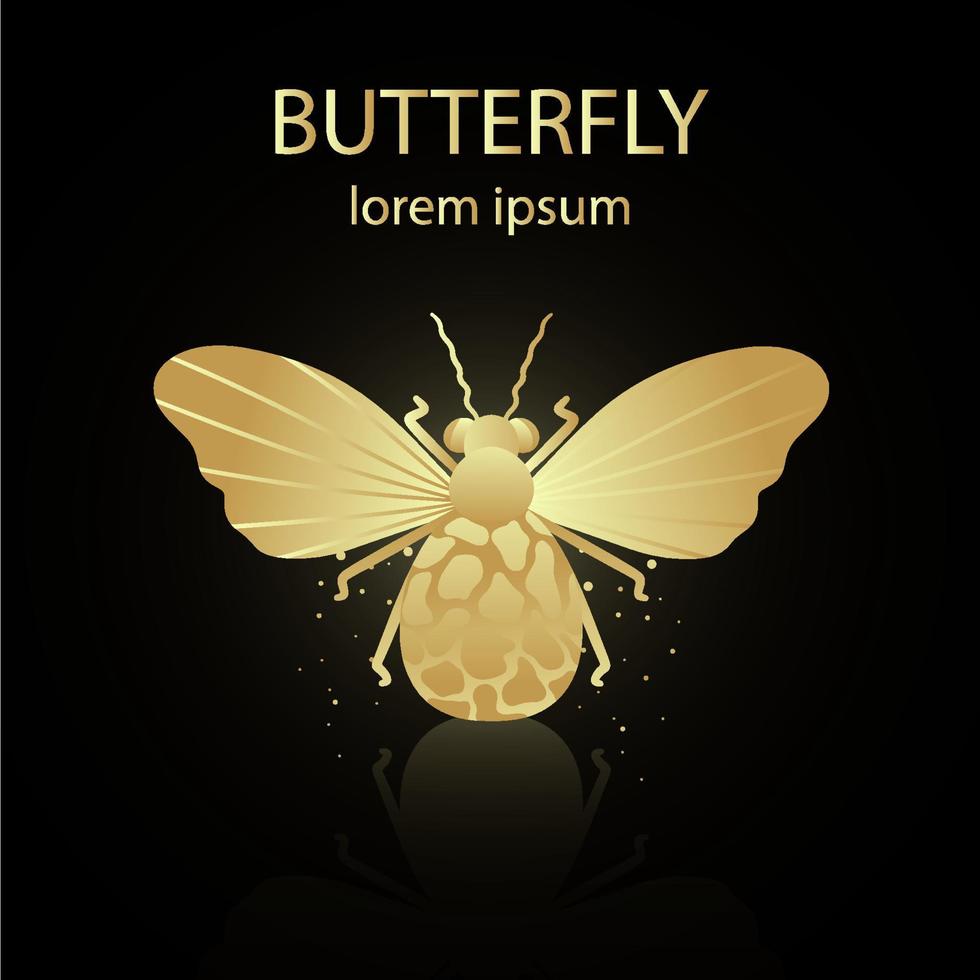 Golden shiny shining butterfly on a black background. Vector illustration for wedding invitations, cards, branding, label, banner, concept design. Vector illustration.