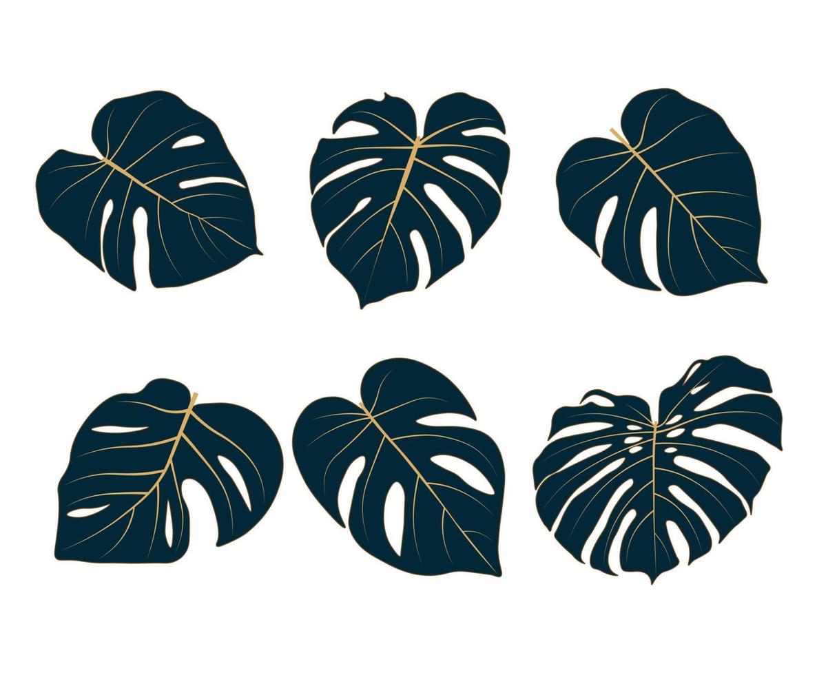 Vector stock illustration of tropical leaves. Monstera leaves. Watercolor greenery plant. Template for stickers, stencil. Close-up of tropical leaves isolated on a white background. Flat style.