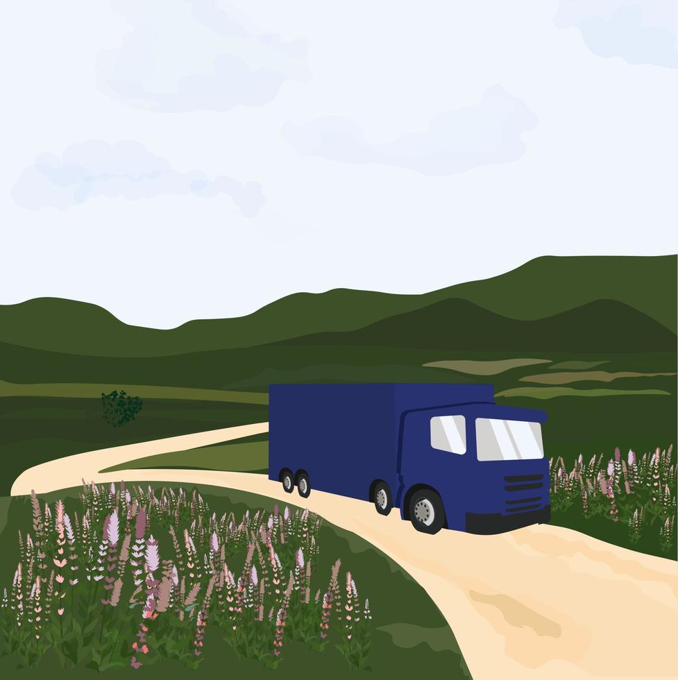 Cargo truck with container vector stock illustration. Semi-Truck with Cargo Trailer. A summer card for the driver. A trucker's car. Logistics. Cargo transportation. A meadow with a road going beyond