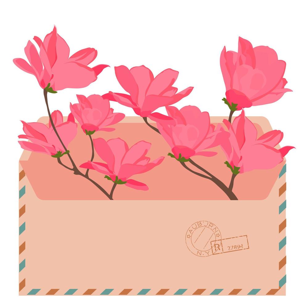sobre con carta, ilustración vectorial de diseño de postal de primavera. delicadas flores de magnolia. una elegante tarjeta de invitación. Aislado en un fondo blanco. vector
