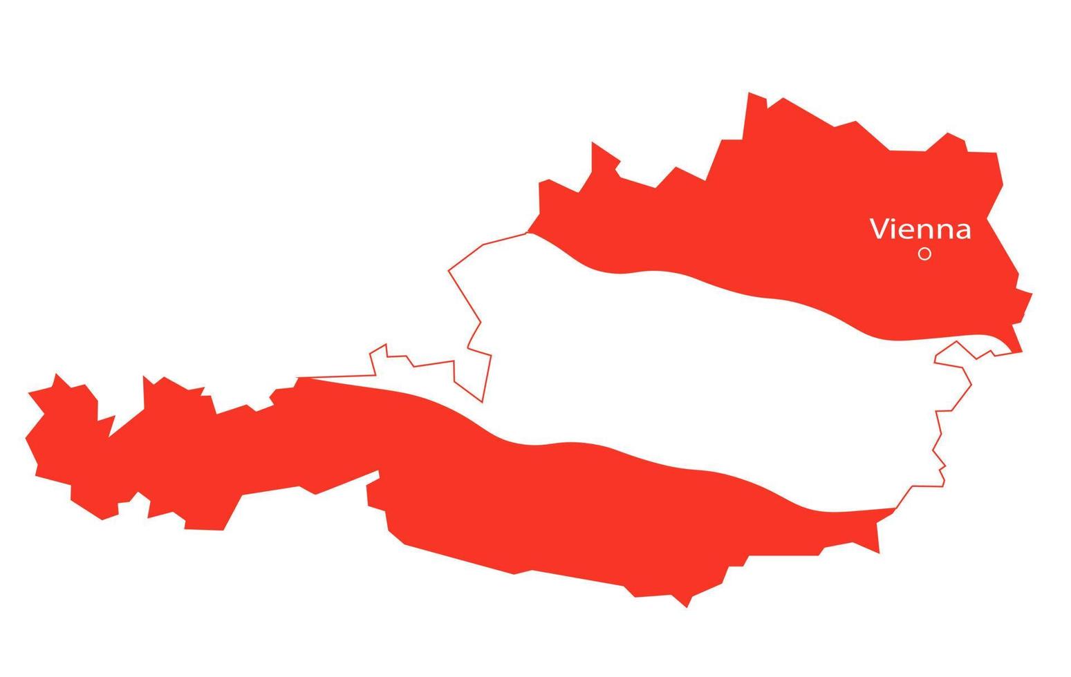 Austria map vector stock illustration. The capital city is Vienna. The flag of Austria is red and white. Isolated on a white background.