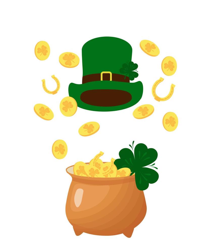 Design layout of Happy St Patrick's Day. Template for a party by March 17. Pot of gold. Vector stock illustration. Isolated on a white background.