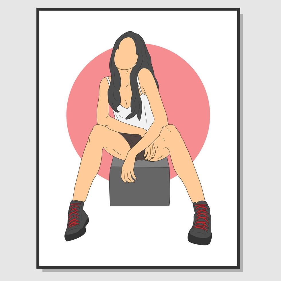 Wall art of a woman with casual clothes sitting on the rock. Suitable for wall decoration vector