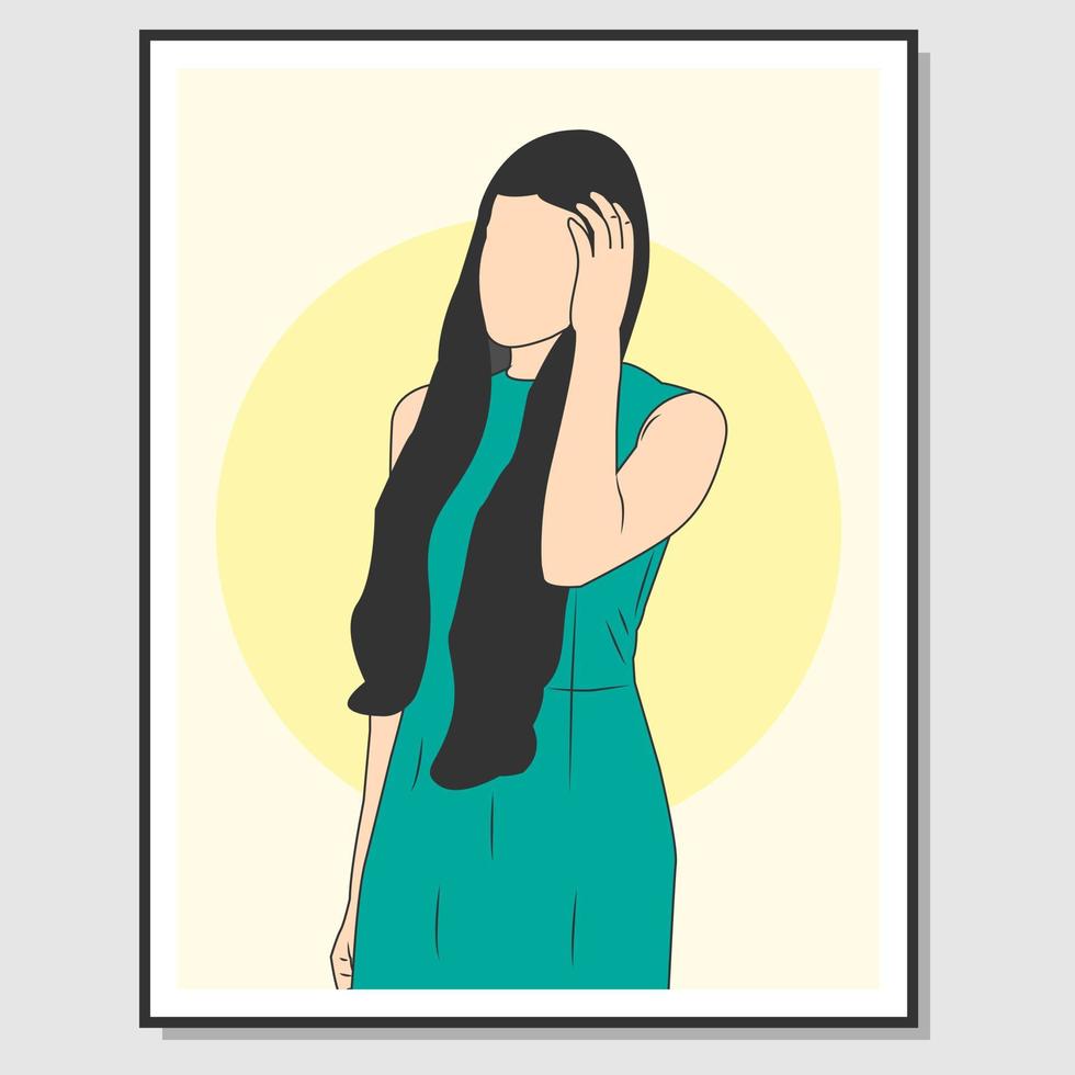 arte de pared de mujer. mujer con cabello largo sosteniendo su cabeza. adecuado para la decoración de paredes vector