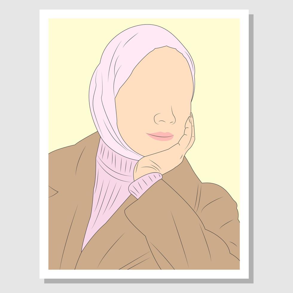 Wall art. Beautiful hijab woman in cartoon style. Suitable for wall decoration. Vector illustration