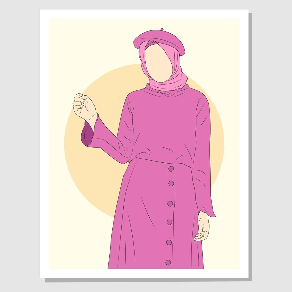 mujer hijab en estilo de arte de pared. la mujer velada viste ropa rosa y púrpura. adecuado para la decoración de paredes. vector