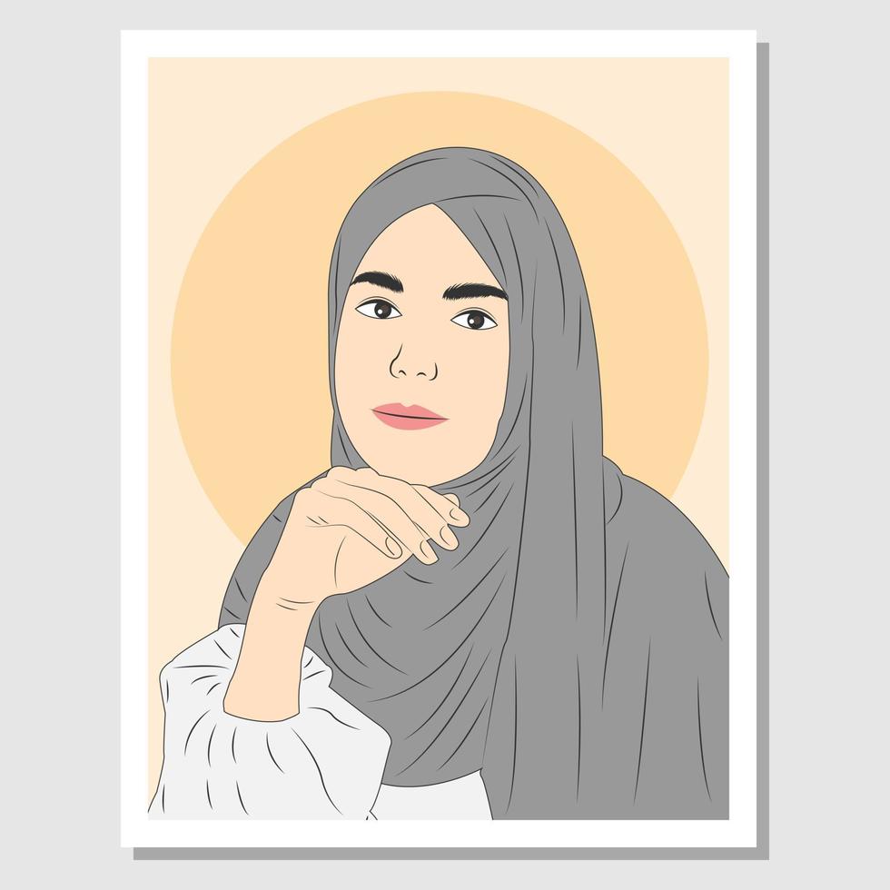 Wall art. Beautiful hijab woman in flat cartoon style. Vector Illustration