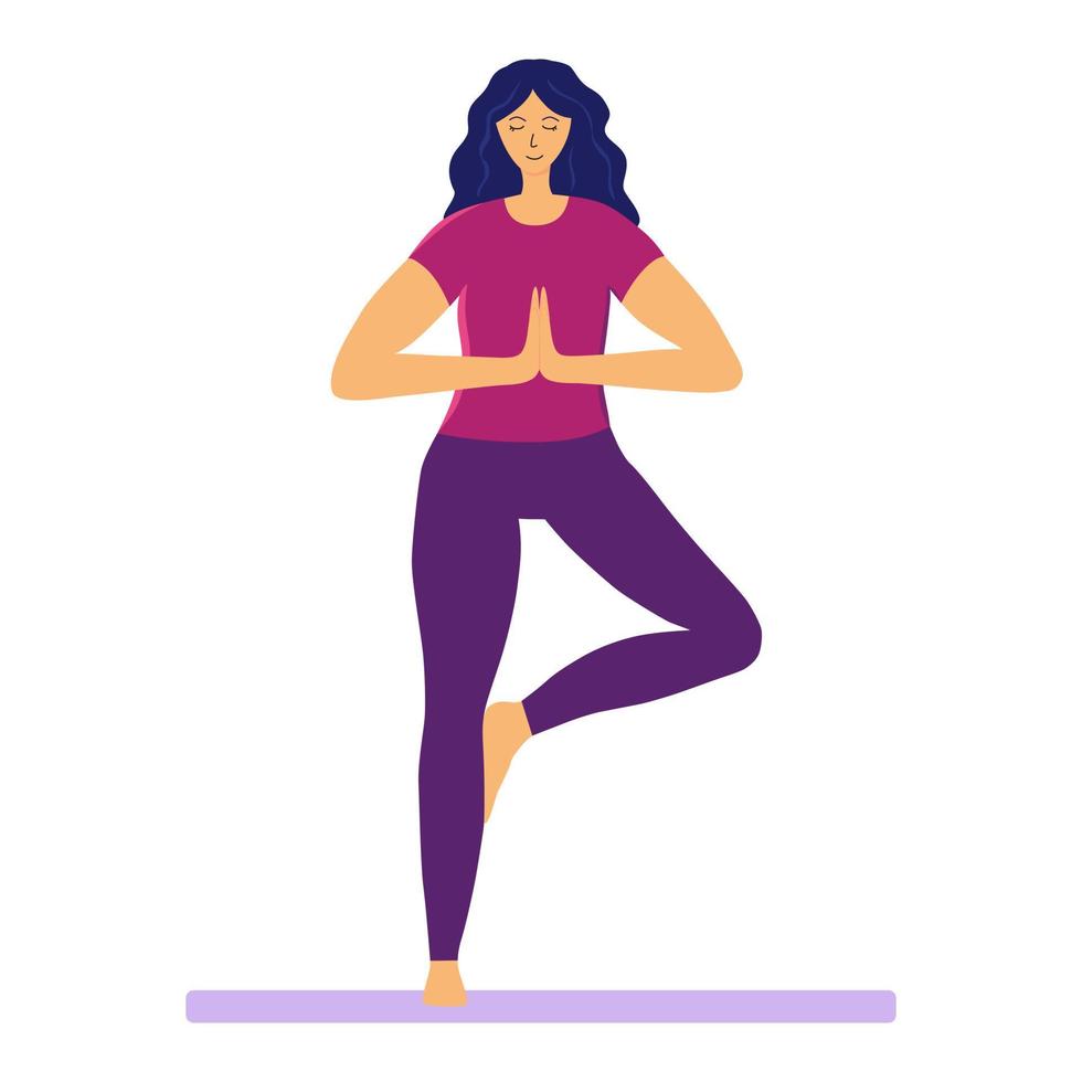 Young woman practices relaxing joga vector flat illustration