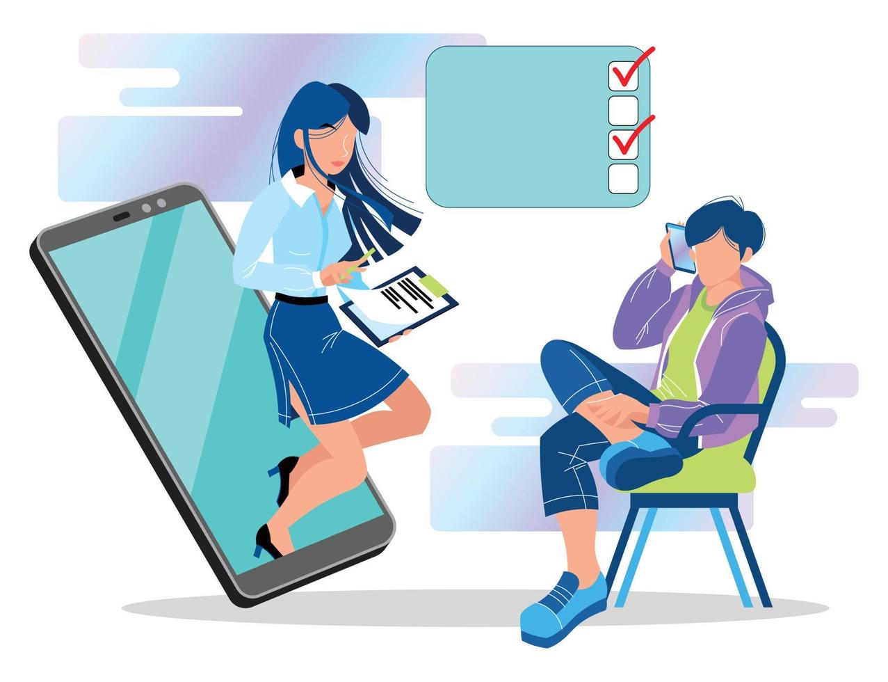 Business proposal over the phone. Calling clients with a list of services from the company. Talking on the phone of a man and a girl in an office style. vector