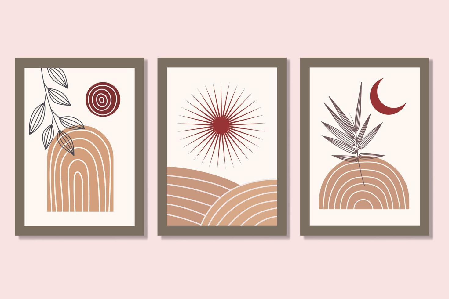 Boho Art Set of 3 Prints, Boho Wall Art, Abstract Gallery Wall Set, Sun And Moon Decorative Vector Illustration