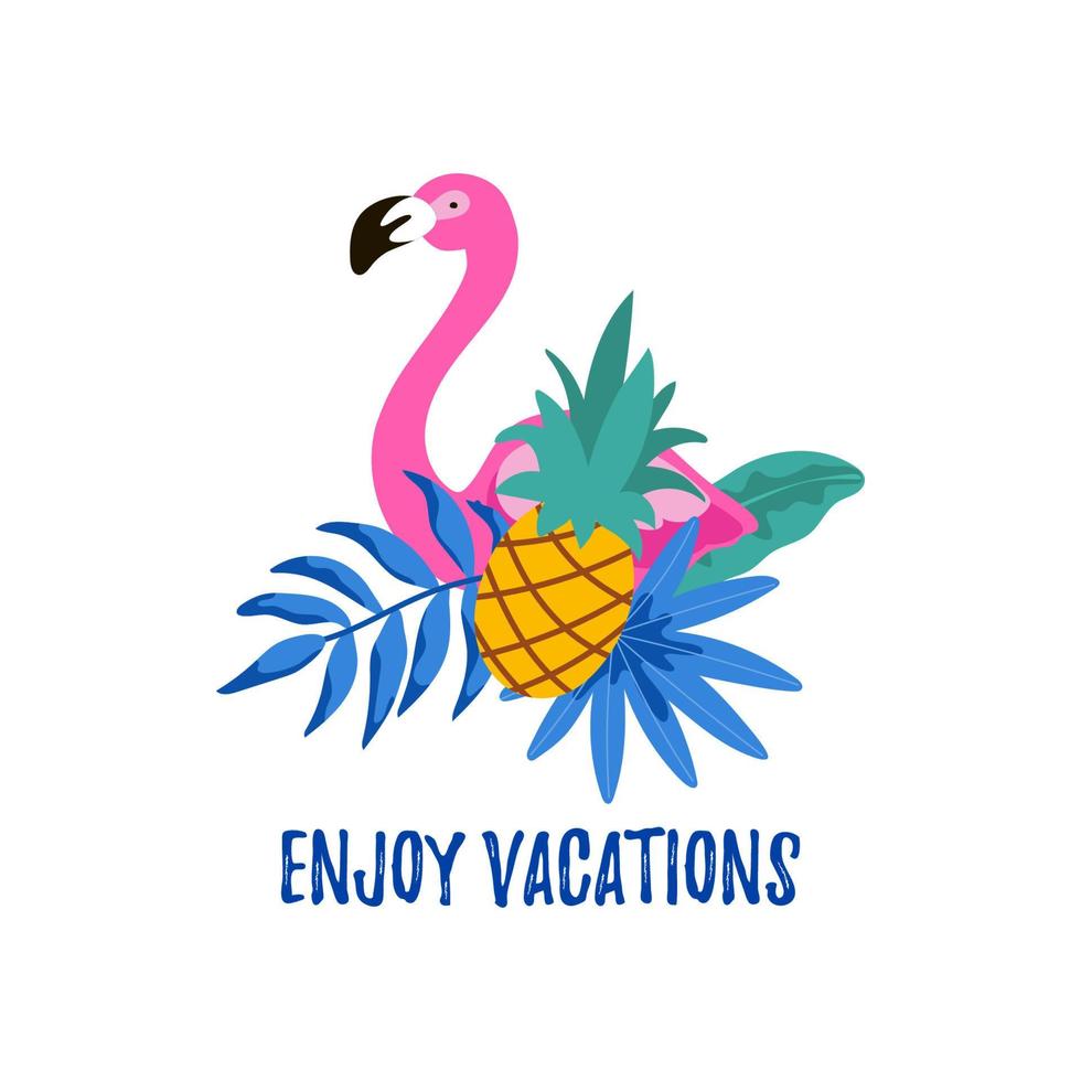 Hand drawn summer label with flamingo, tropical leaves and pineapple. Vector illustration. Enjoy vacations text