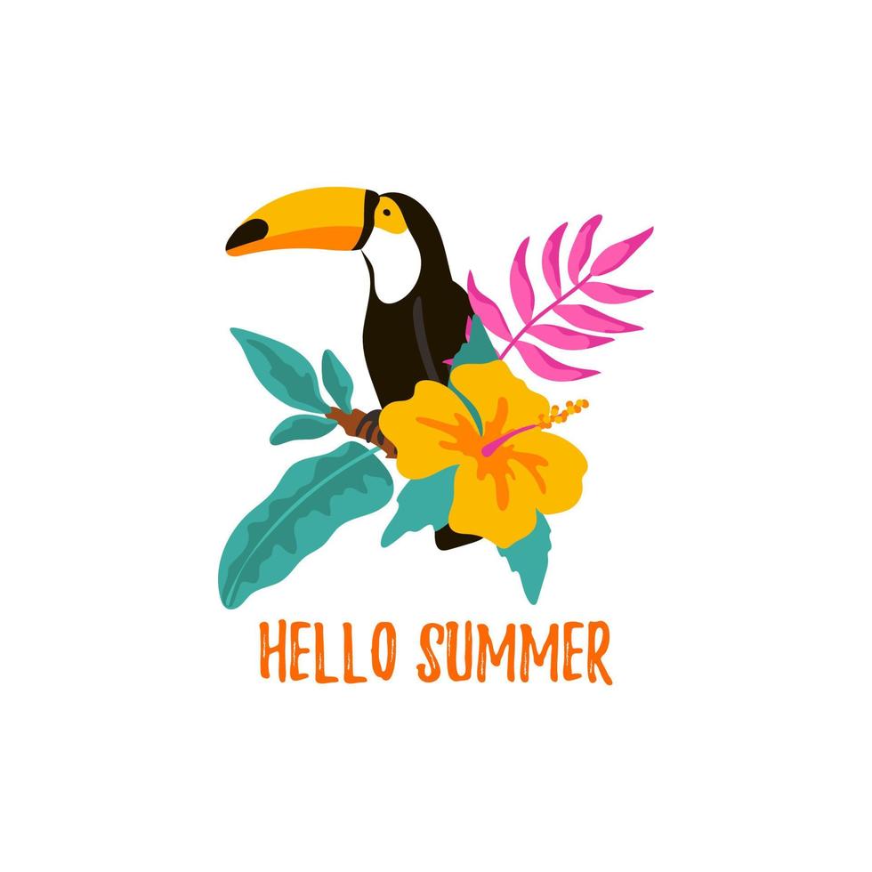 Hand drawn summer label with toucan sitting on the branch with tropical leaves and flowers. Vector illustration. Hello Summer text