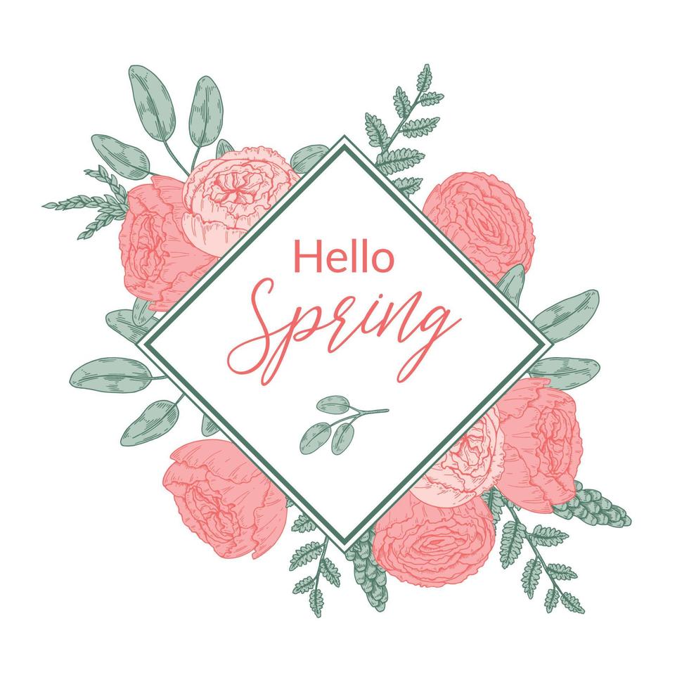 Spring floral frame. Gentle pastel design. Hand drawn vector illustration