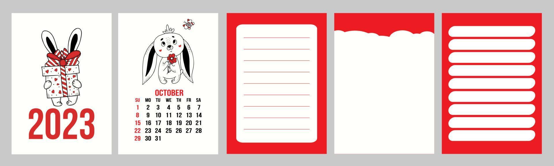 Big set calendar planner with cover for October 2023 with cute rabbit and pages, notes, control and to do list. Vector illustration. Week from Sunday. in english. year of rabbit to Chinese calendar