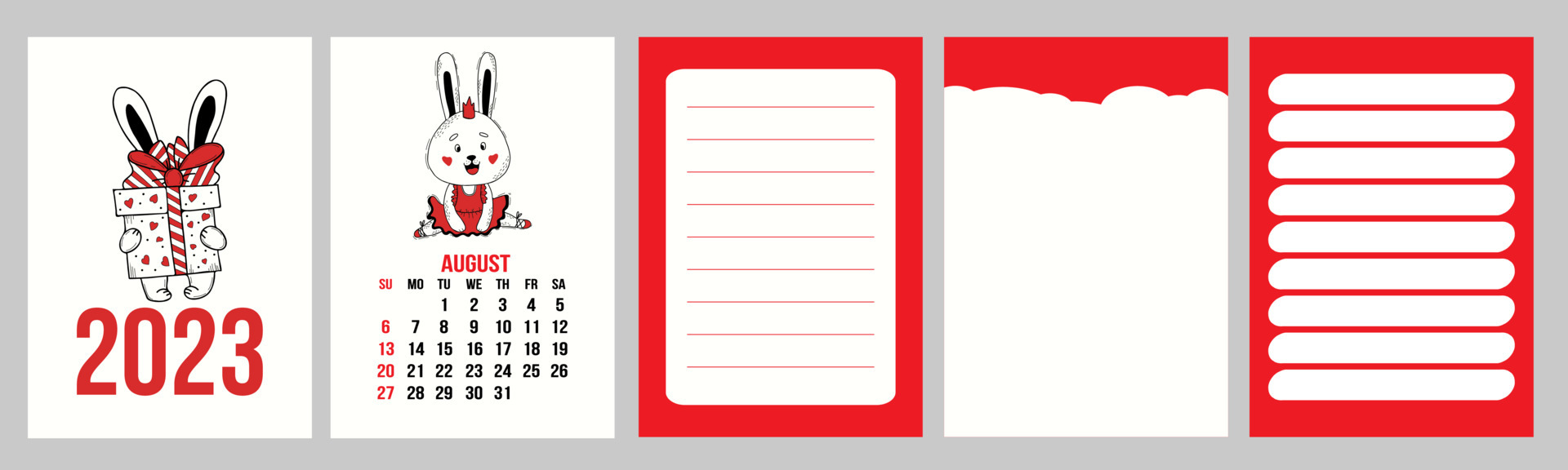 August 2023 Calendar Page Collection Calendar Template For August 2023 With Cute Rabbit Ballerina And  Planner Pages, Notes, To Do List. Vector Illustration. Week From Sunday. In  English. 2023 Year Of Rabbit To Chinese Calendar 6624567