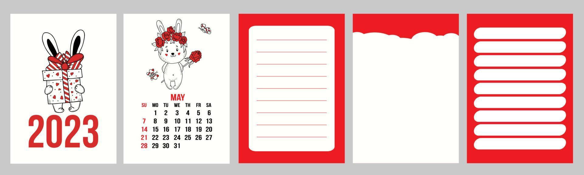Collection calendar template for May 2023 with cute rabbit of flowers and planner pages, notes, to do list. Vector illustration. Week from Sunday. in english. 2023 year of rabbit to Chinese calendar